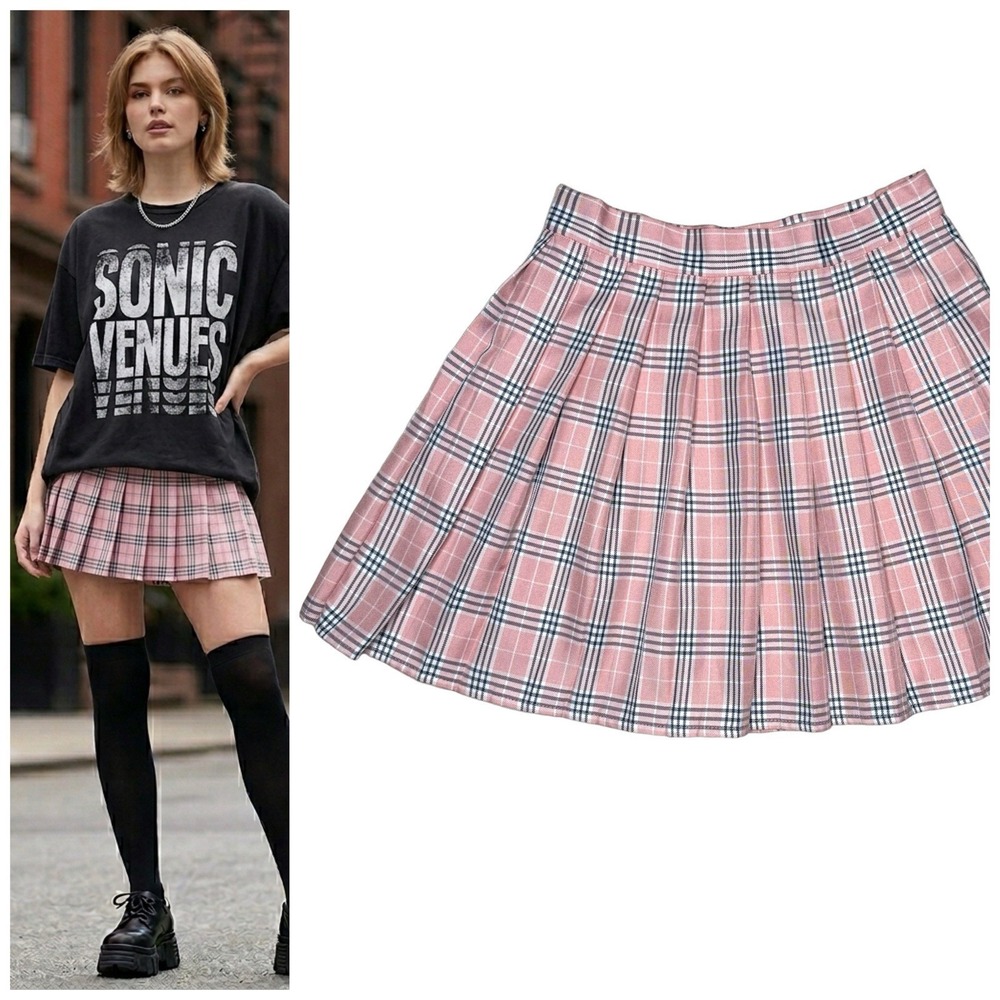 Pink Black Plaid Pleated Skirt M Tennis Pickleball Schoolgirl Mini Skirt Y2k